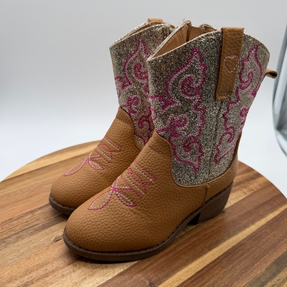 First Steps Toddler Girl's Size 9 Cowboy Boots Tan Glitter Pink Western  0719